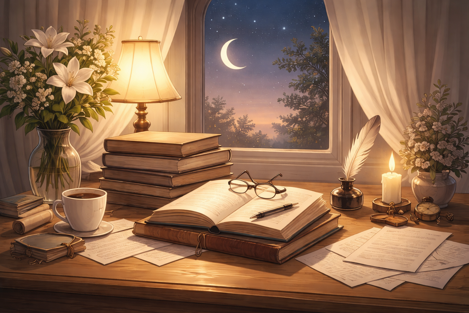A quiet writing desk with books, papers, and a candle beneath a crescent moon